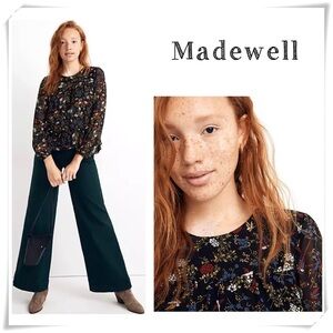 MADEWELL Sheer-Sleeve Ruffle Peplum Top Blouse in Finch Floral Black Style#AF611